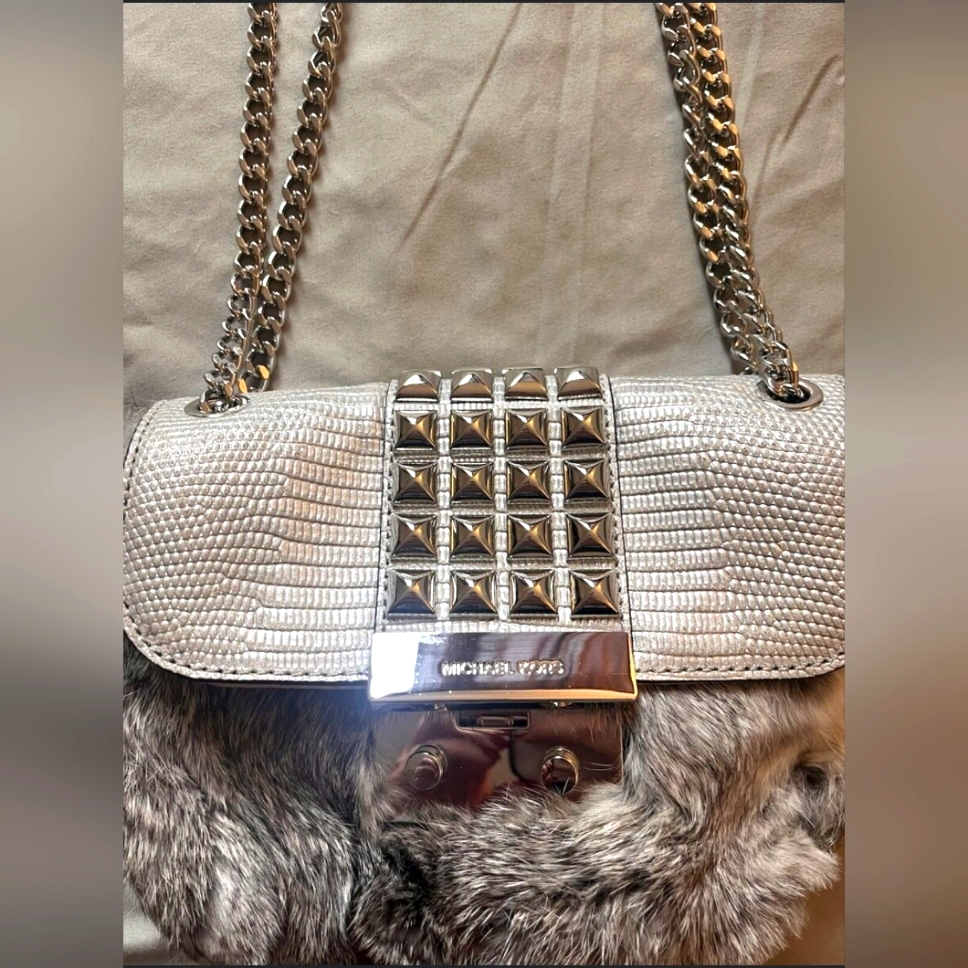 Michael Kors Mk Designer Rabbit Fur Crossbody Chain Strap Studded Purse Handbag